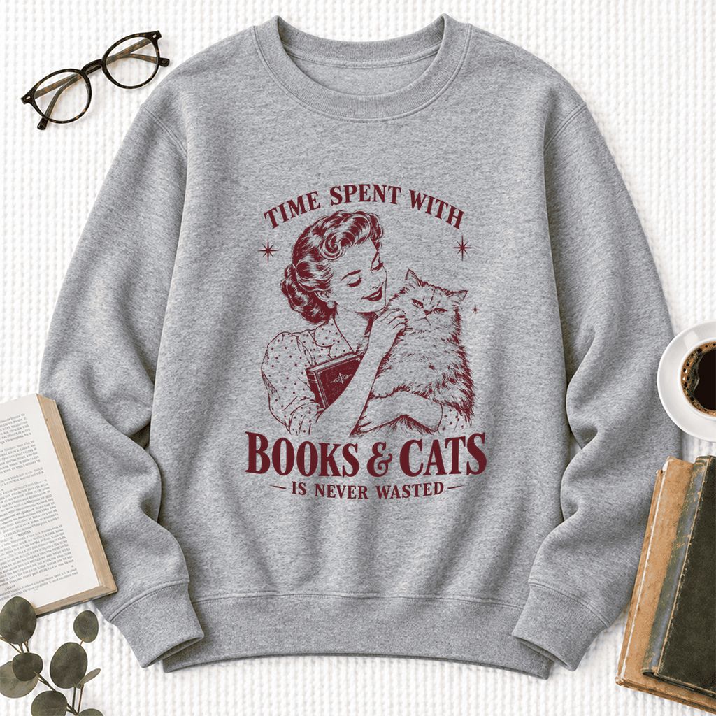 Time Spent With Books & Cats Softstyle Sweatshirt | Cat Lover Reader Gift Sport Grey