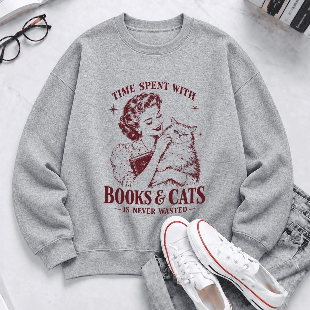Time Spent With Books & Cats Softstyle Sweatshirt | Cat Lover Reader Gift Sport Grey