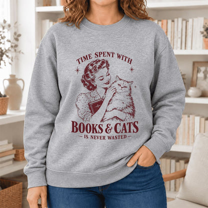 Time Spent With Books & Cats Softstyle Sweatshirt | Cat Lover Reader Gift Sport Grey