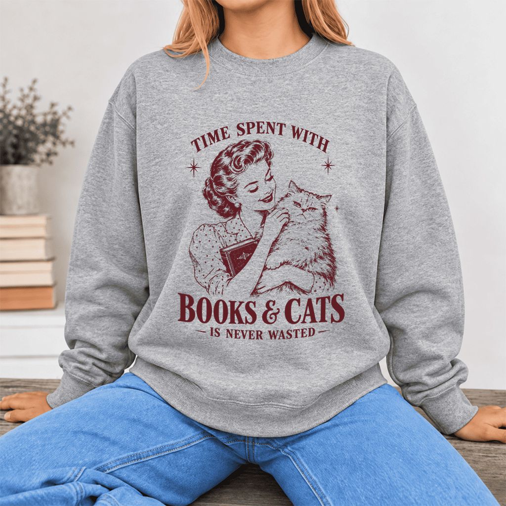 Time Spent With Books & Cats Softstyle Sweatshirt | Cat Lover Reader Gift Sport Grey