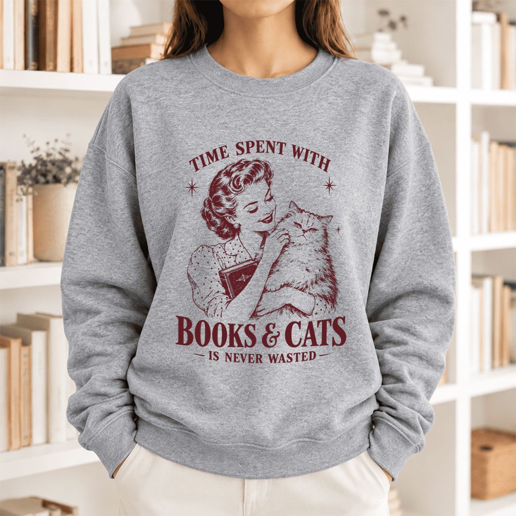 Time Spent With Books & Cats Softstyle Sweatshirt | Cat Lover Reader Gift Sport Grey