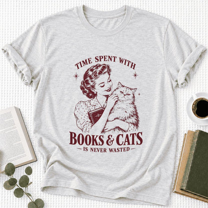 Time Spent With Books & Cats Ultra-Soft Cotton T-Shirt | Cat Lover Reader Gift Ash