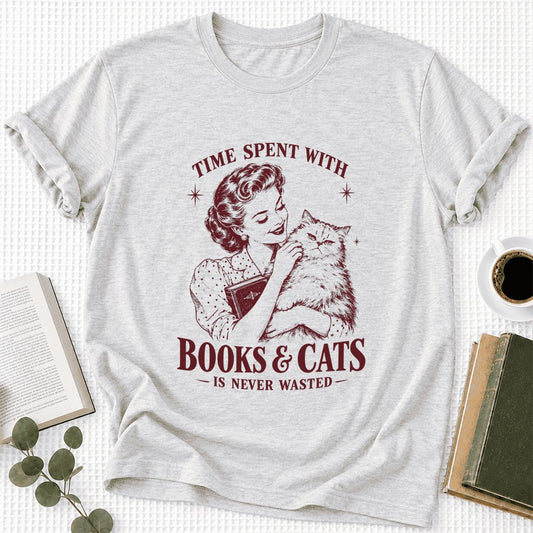 Time Spent With Books & Cats Ultra-Soft Cotton T-Shirt | Cat Lover Reader Gift Ash