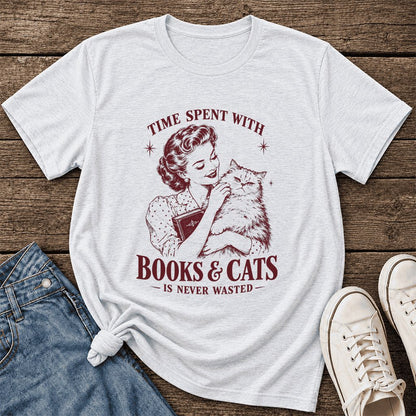Time Spent With Books & Cats Ultra-Soft Cotton T-Shirt | Cat Lover Reader Gift Ash