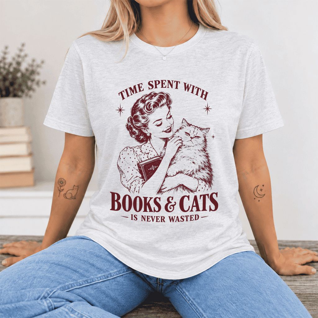 Time Spent With Books & Cats Ultra-Soft Cotton T-Shirt | Cat Lover Reader Gift Ash