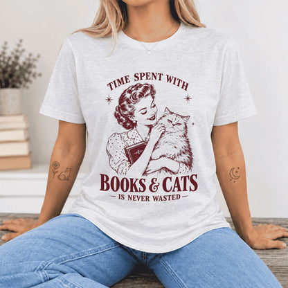 Time Spent With Books & Cats Ultra-Soft Cotton T-Shirt | Cat Lover Reader Gift Ash