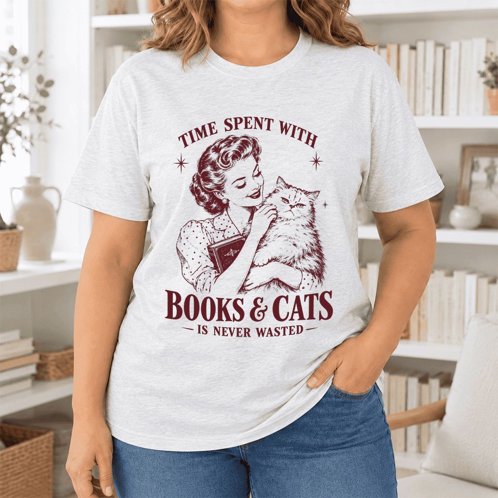 Time Spent With Books & Cats Ultra-Soft Cotton T-Shirt | Cat Lover Reader Gift Ash