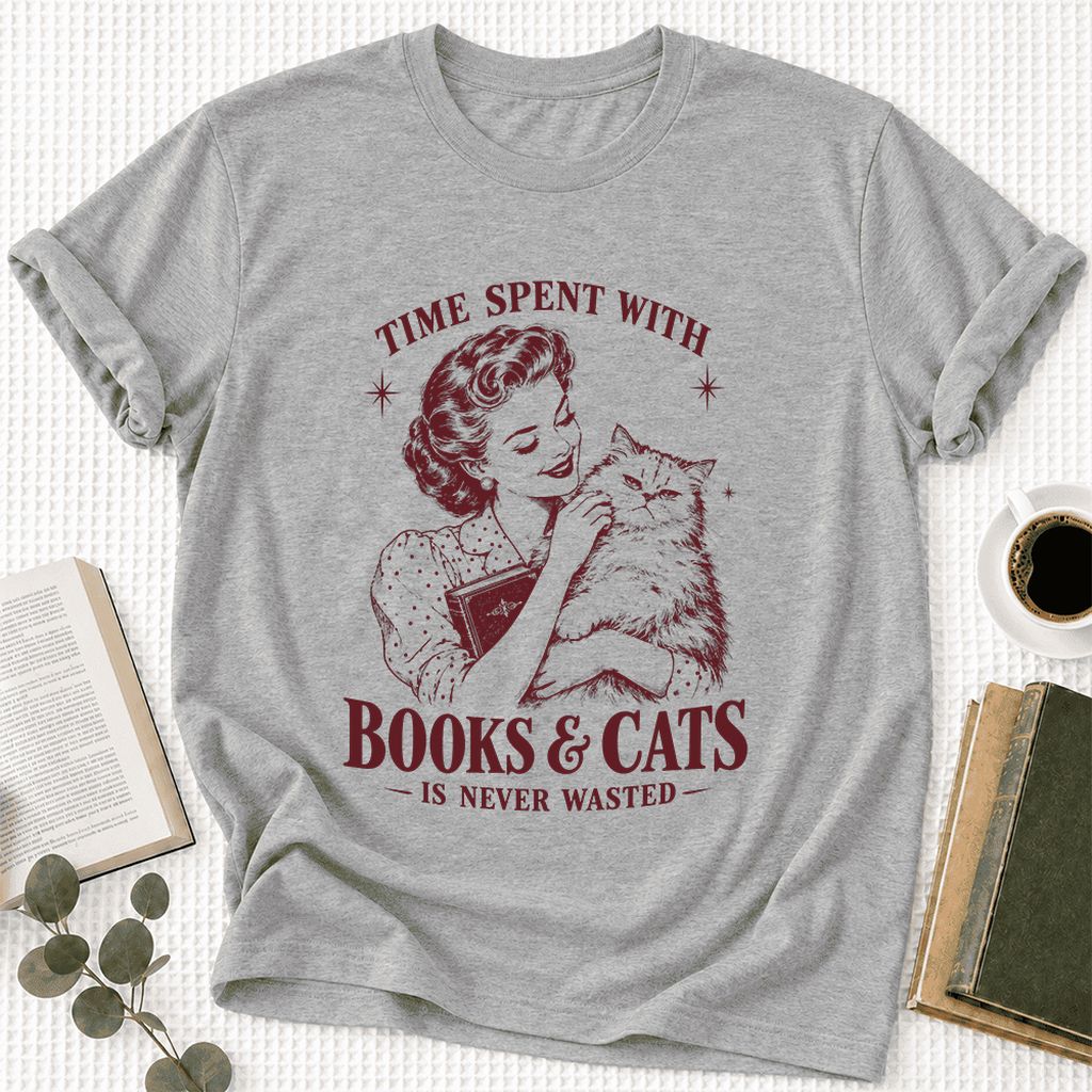 Time Spent With Books & Cats Ultra-Soft Cotton T-Shirt | Cat Lover Reader Gift Athletic Heather
