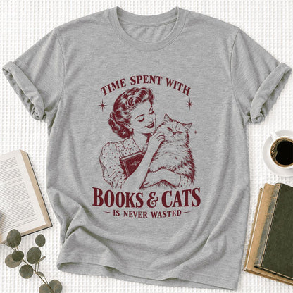 Time Spent With Books & Cats Ultra-Soft Cotton T-Shirt | Cat Lover Reader Gift Athletic Heather