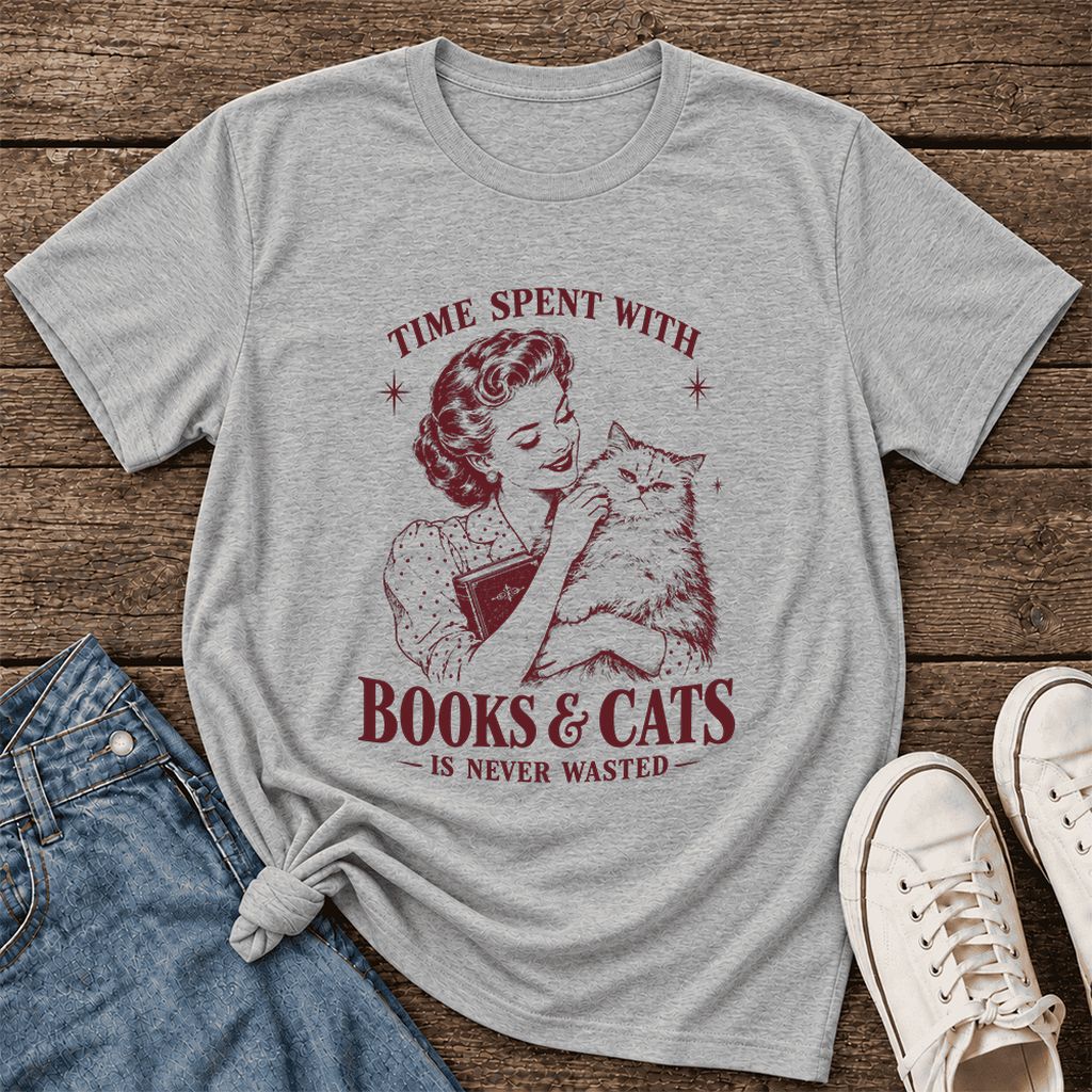 Time Spent With Books & Cats Ultra-Soft Cotton T-Shirt | Cat Lover Reader Gift Athletic Heather