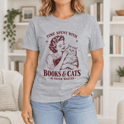 Time Spent With Books & Cats Ultra-Soft Cotton T-Shirt | Cat Lover Reader Gift Athletic Heather