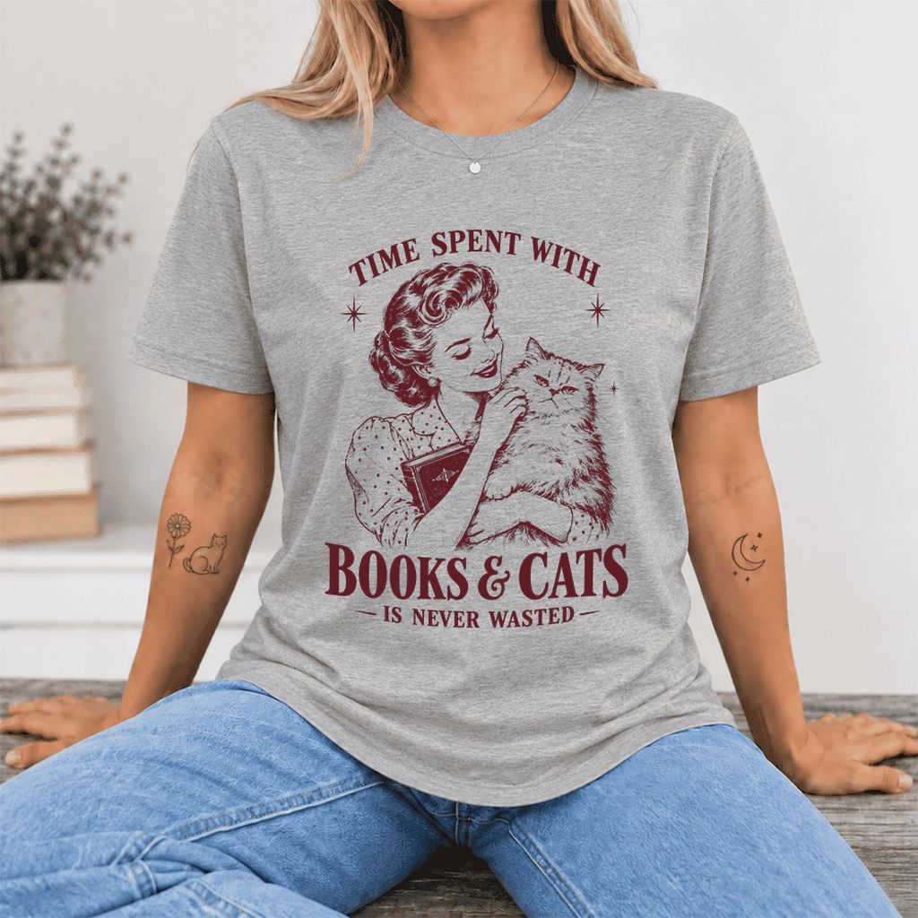 Time Spent With Books & Cats Ultra-Soft Cotton T-Shirt | Cat Lover Reader Gift Athletic Heather