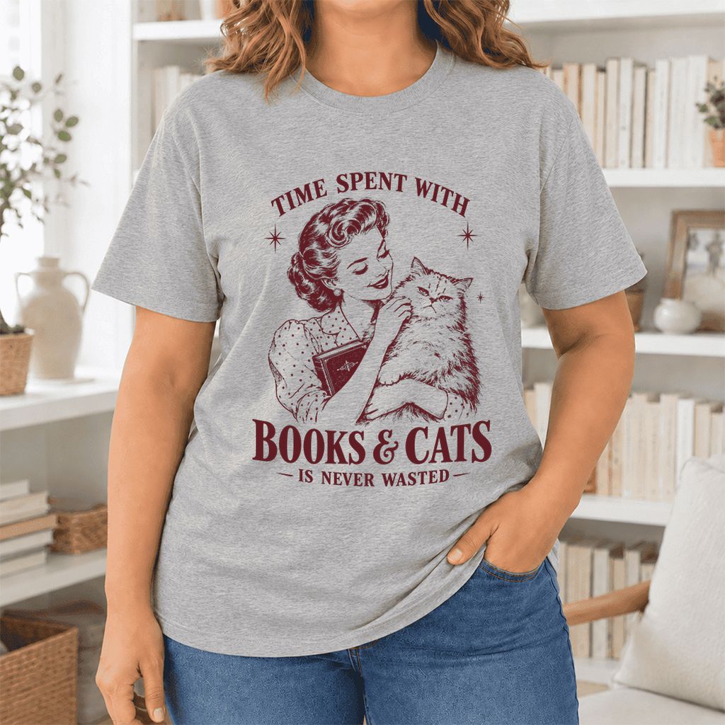 Time Spent With Books & Cats Ultra-Soft Cotton T-Shirt | Cat Lover Reader Gift Athletic Heather