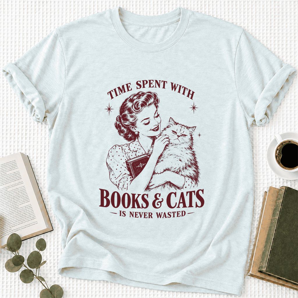 Time Spent With Books & Cats Ultra-Soft Cotton T-Shirt | Cat Lover Reader Gift Heather Ice Blue