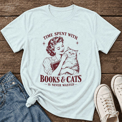 Time Spent With Books & Cats Ultra-Soft Cotton T-Shirt | Cat Lover Reader Gift Heather Ice Blue