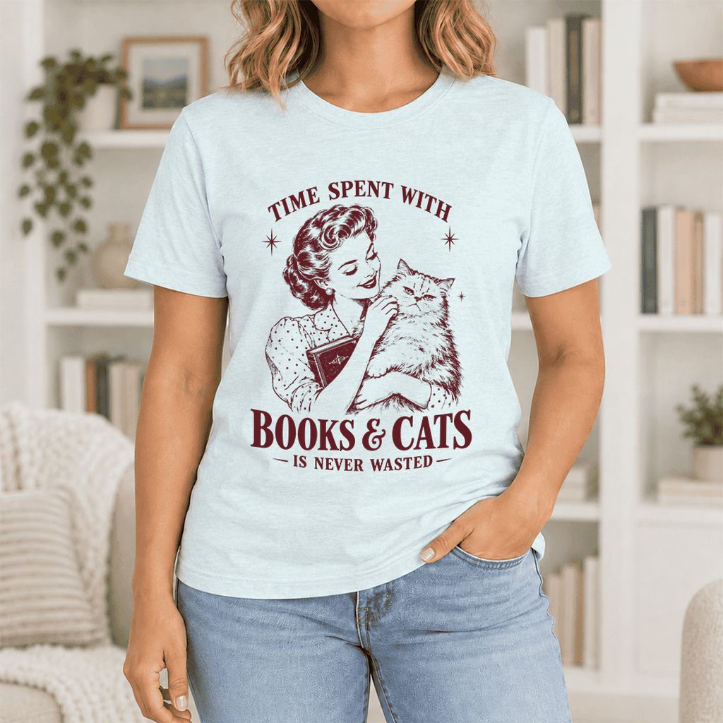 Time Spent With Books & Cats Ultra-Soft Cotton T-Shirt | Cat Lover Reader Gift Heather Ice Blue