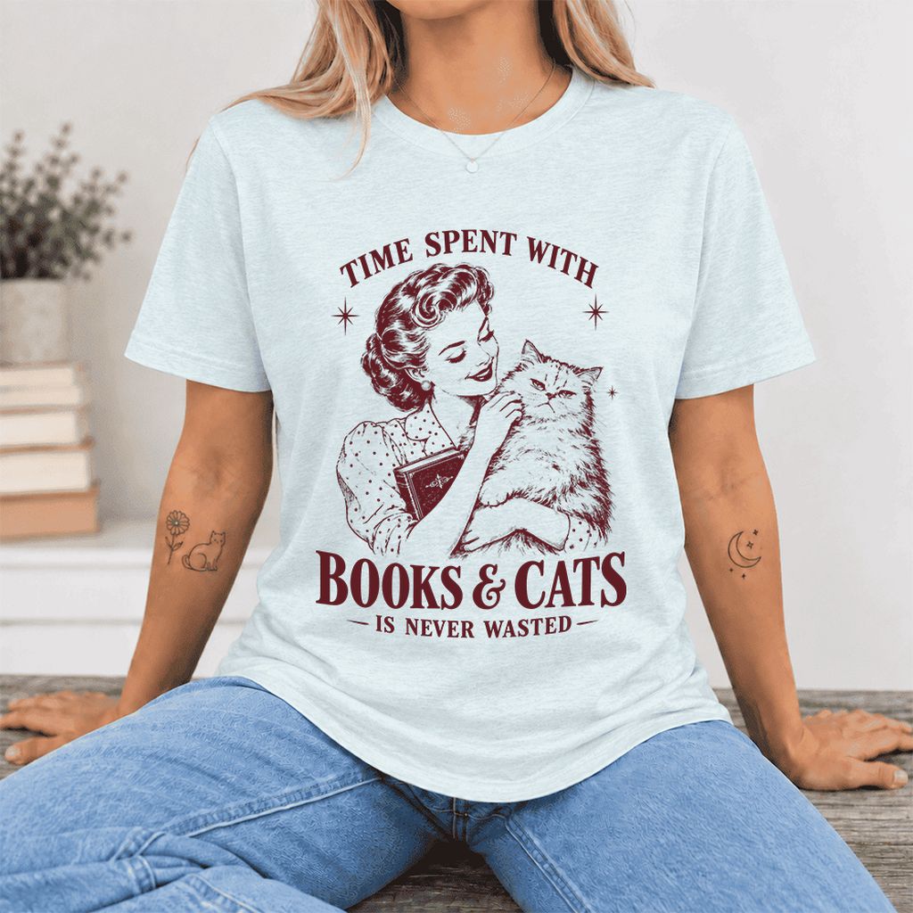Time Spent With Books & Cats Ultra-Soft Cotton T-Shirt | Cat Lover Reader Gift Heather Ice Blue