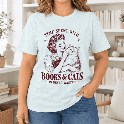 Time Spent With Books & Cats Ultra-Soft Cotton T-Shirt | Cat Lover Reader Gift Heather Ice Blue