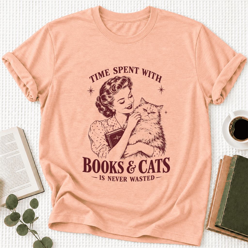 Time Spent With Books & Cats Ultra-Soft Cotton T-Shirt | Cat Lover Reader Gift Heather Peach
