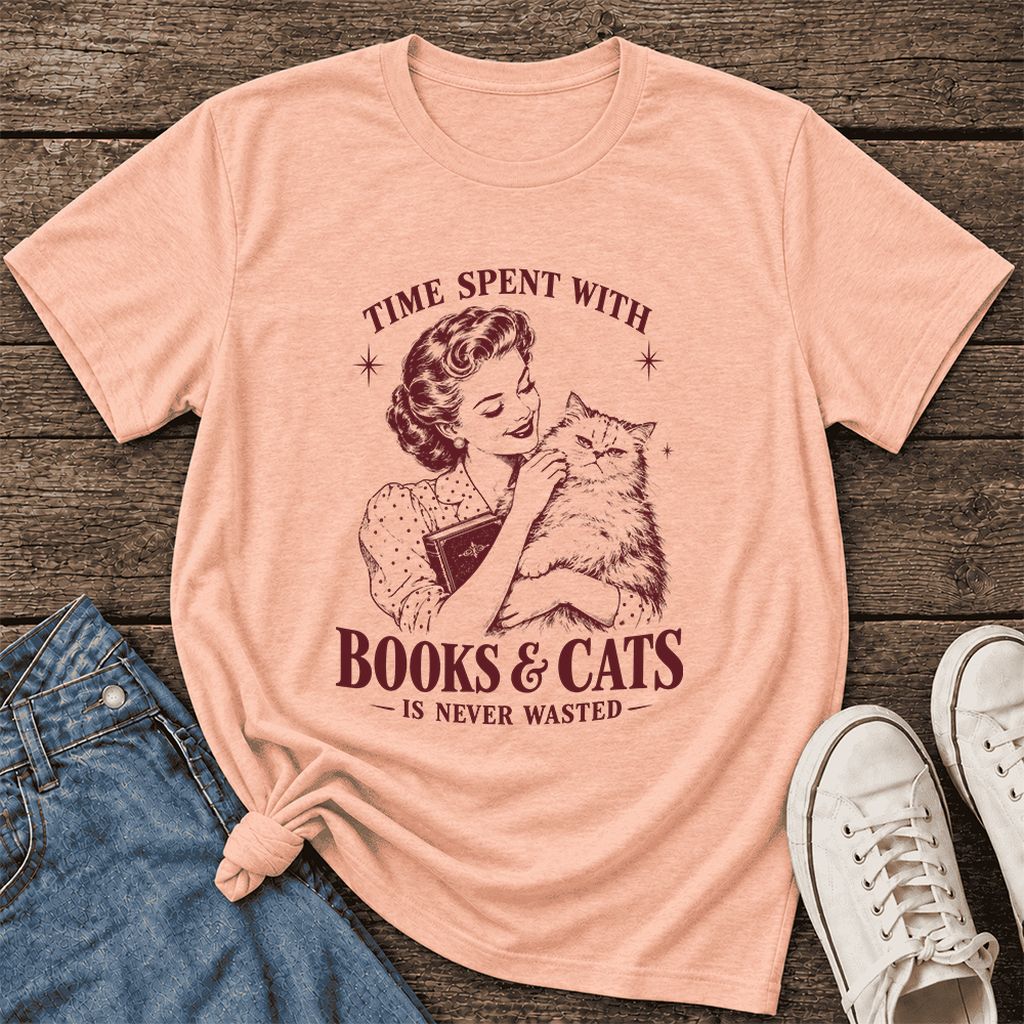 Time Spent With Books & Cats Ultra-Soft Cotton T-Shirt | Cat Lover Reader Gift Heather Peach