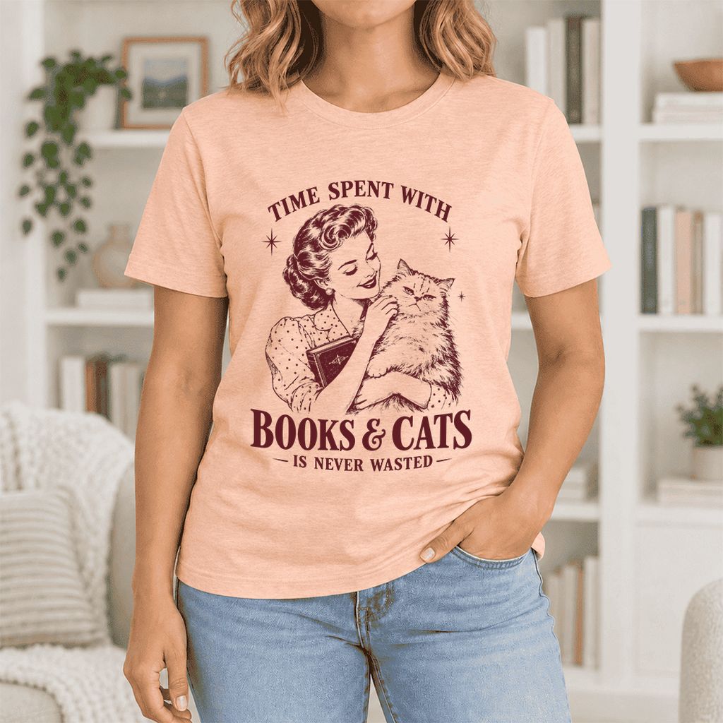 Time Spent With Books & Cats Ultra-Soft Cotton T-Shirt | Cat Lover Reader Gift Heather Peach