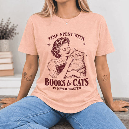 Time Spent With Books & Cats Ultra-Soft Cotton T-Shirt | Cat Lover Reader Gift Heather Peach