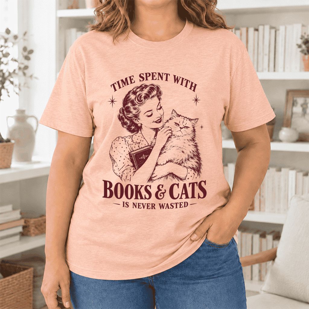 Time Spent With Books & Cats Ultra-Soft Cotton T-Shirt | Cat Lover Reader Gift Heather Peach