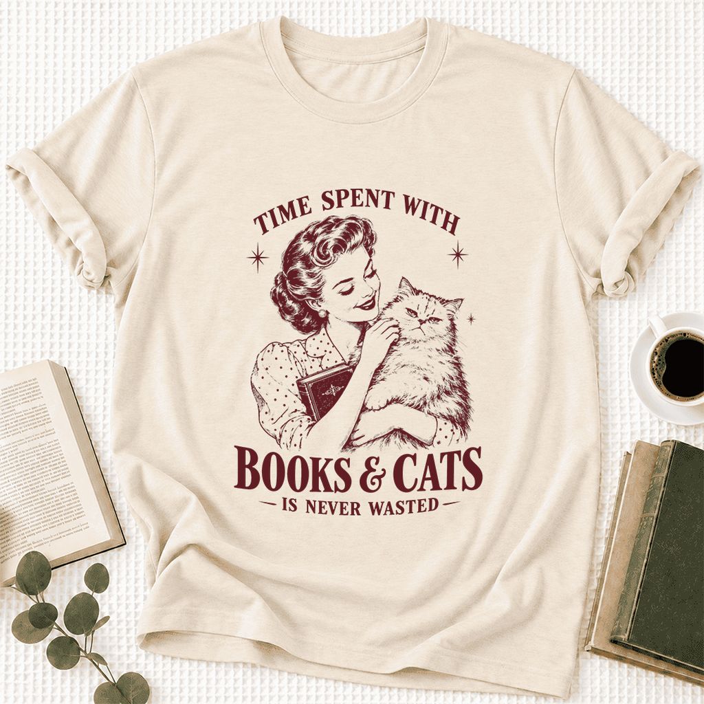 Time Spent With Books & Cats Ultra-Soft Cotton T-Shirt | Cat Lover Reader Gift Natural
