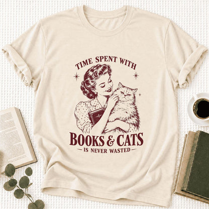 Time Spent With Books & Cats Ultra-Soft Cotton T-Shirt | Cat Lover Reader Gift Natural
