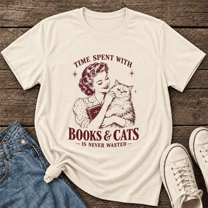 Time Spent With Books & Cats Ultra-Soft Cotton T-Shirt | Cat Lover Reader Gift Natural