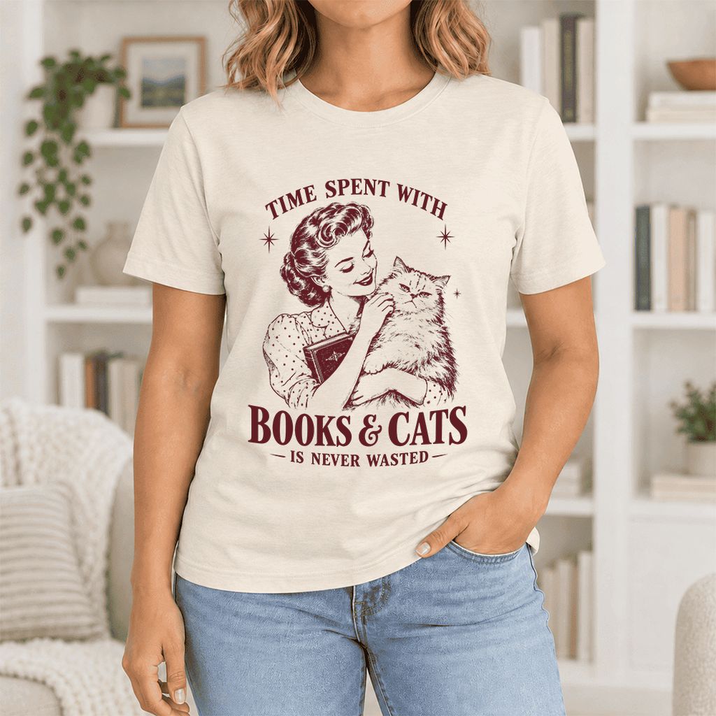 Time Spent With Books & Cats Ultra-Soft Cotton T-Shirt | Cat Lover Reader Gift Natural
