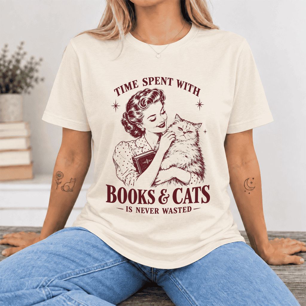 Time Spent With Books & Cats Ultra-Soft Cotton T-Shirt | Cat Lover Reader Gift Natural