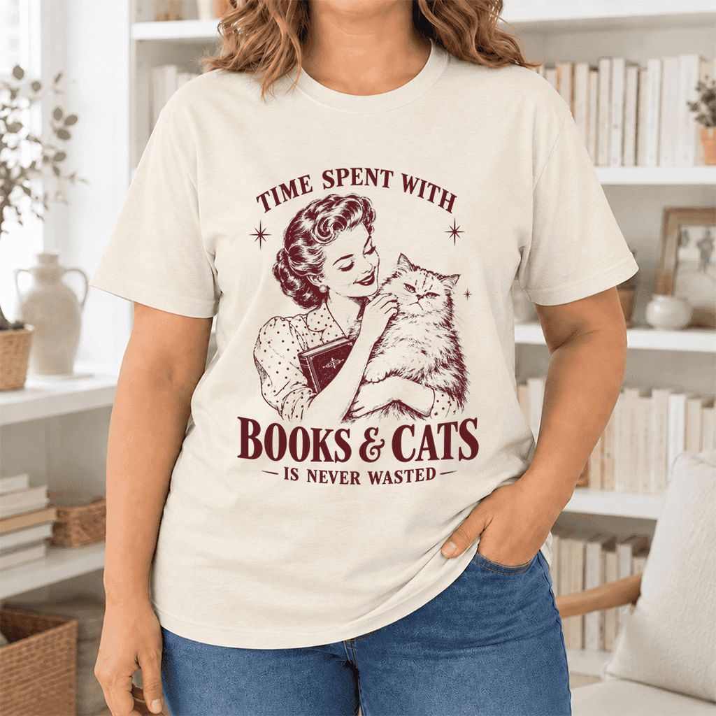 Time Spent With Books & Cats Ultra-Soft Cotton T-Shirt | Cat Lover Reader Gift Natural