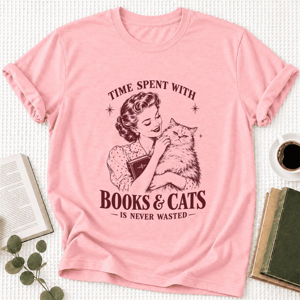 Time Spent With Books & Cats Ultra-Soft Cotton T-Shirt | Cat Lover Reader Gift Pink