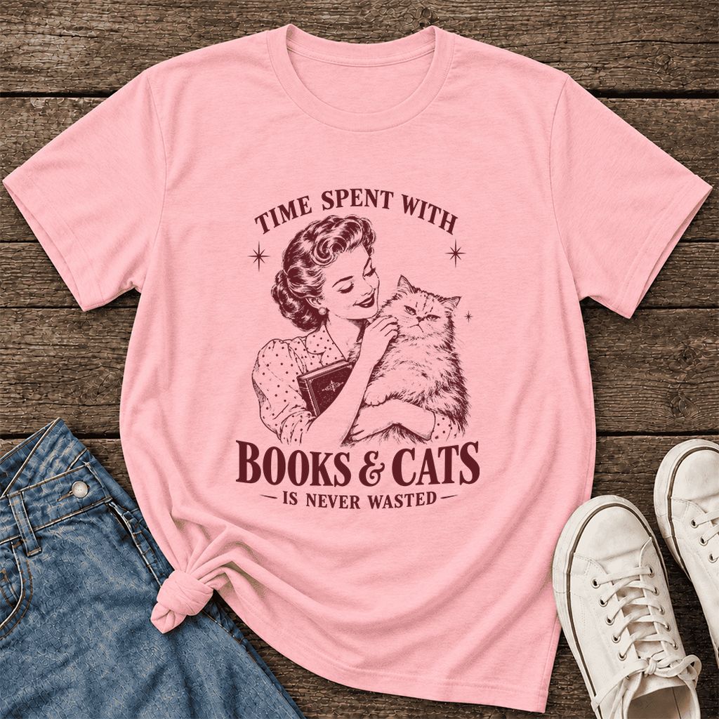 Time Spent With Books & Cats Ultra-Soft Cotton T-Shirt | Cat Lover Reader Gift Pink