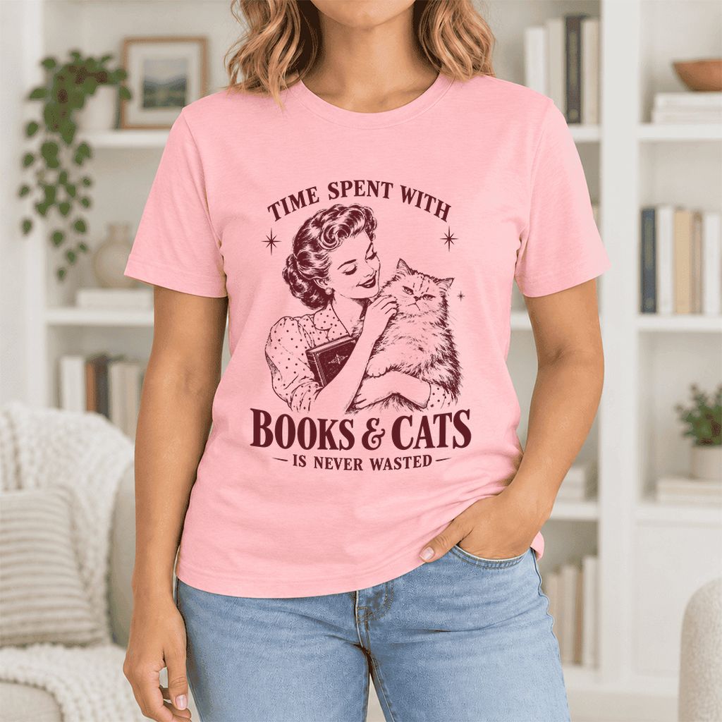 Time Spent With Books & Cats Ultra-Soft Cotton T-Shirt | Cat Lover Reader Gift Pink