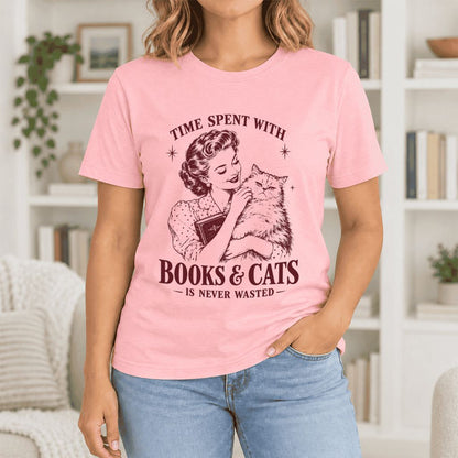 Time Spent With Books & Cats Ultra-Soft Cotton T-Shirt | Cat Lover Reader Gift Pink