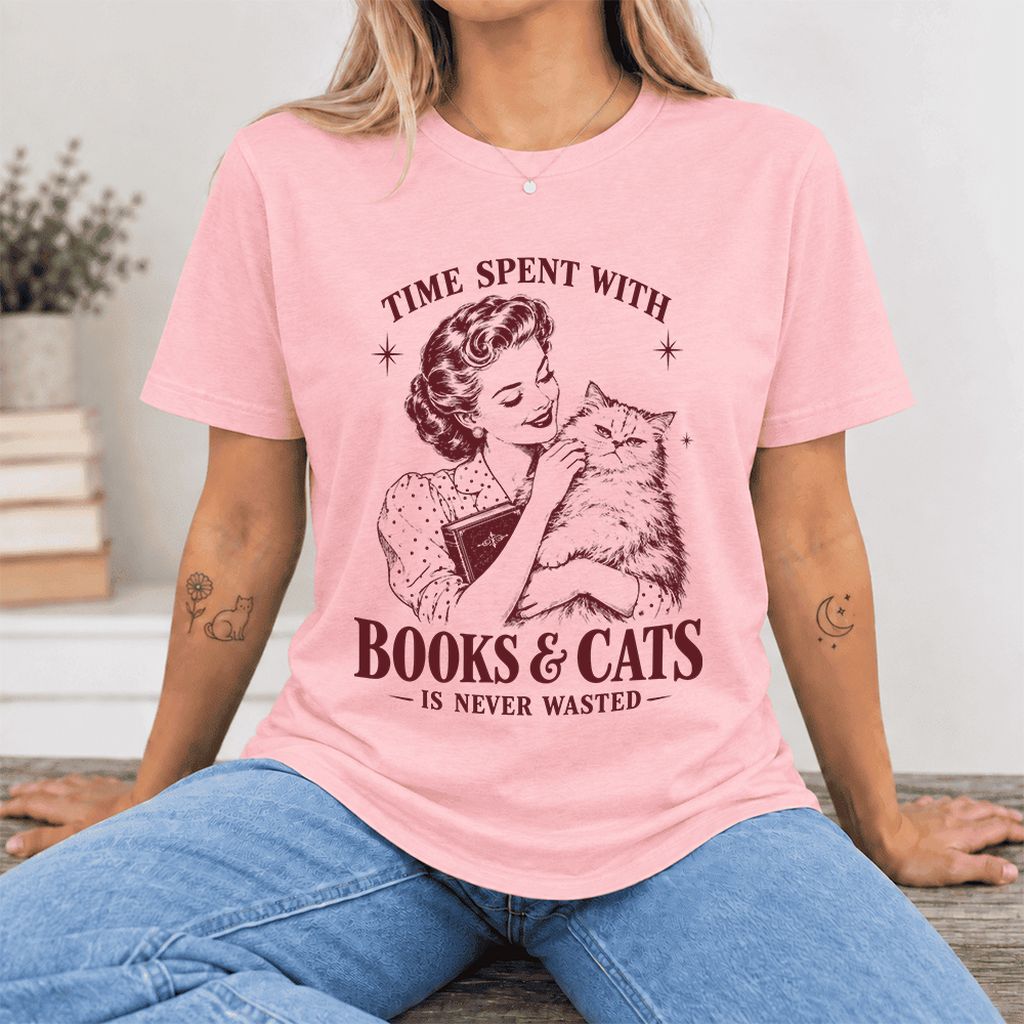 Time Spent With Books & Cats Ultra-Soft Cotton T-Shirt | Cat Lover Reader Gift Pink