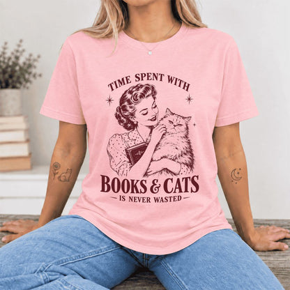 Time Spent With Books & Cats Ultra-Soft Cotton T-Shirt | Cat Lover Reader Gift Pink