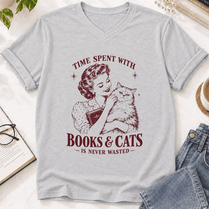 Time Spent With Books & Cats Ultra-Soft V-Neck | Cat Lover Reader Gift Ash