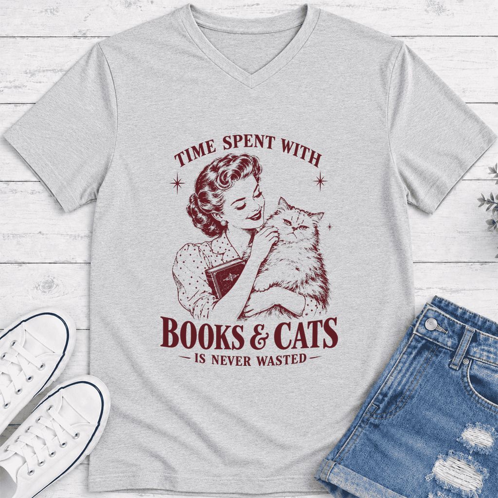 Time Spent With Books & Cats Ultra-Soft V-Neck | Cat Lover Reader Gift Ash
