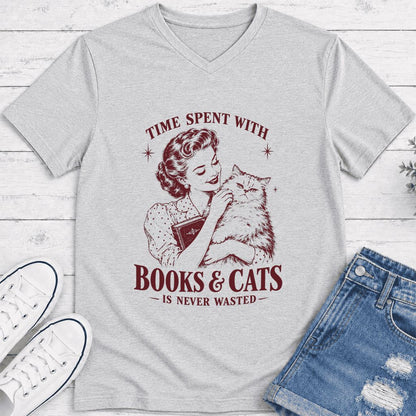 Time Spent With Books & Cats Ultra-Soft V-Neck | Cat Lover Reader Gift Ash