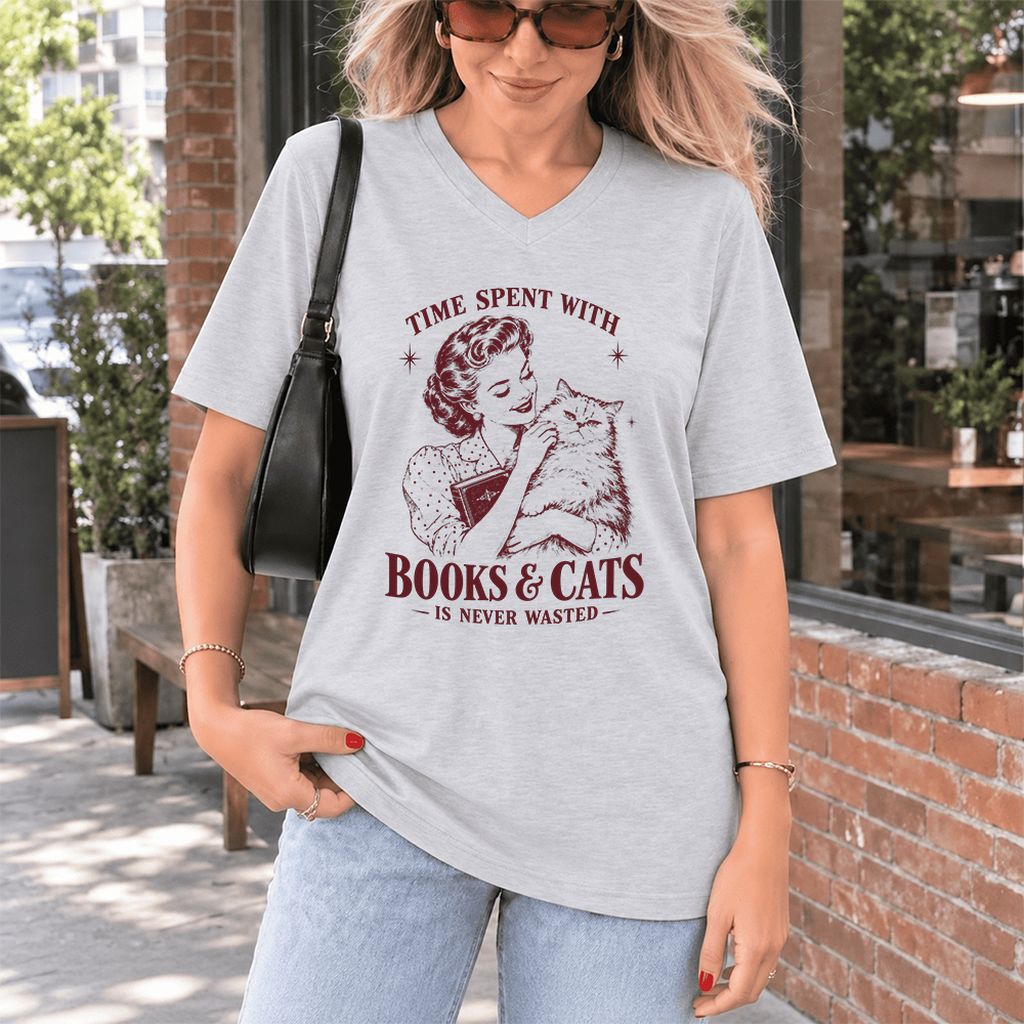 Time Spent With Books & Cats Ultra-Soft V-Neck | Cat Lover Reader Gift Ash
