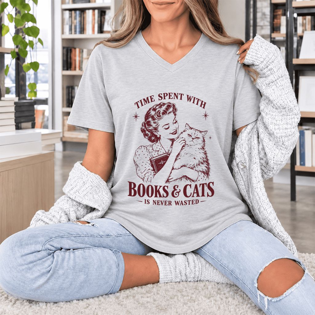 Time Spent With Books & Cats Ultra-Soft V-Neck | Cat Lover Reader Gift Ash