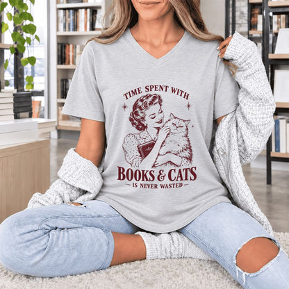 Time Spent With Books & Cats Ultra-Soft V-Neck | Cat Lover Reader Gift Ash