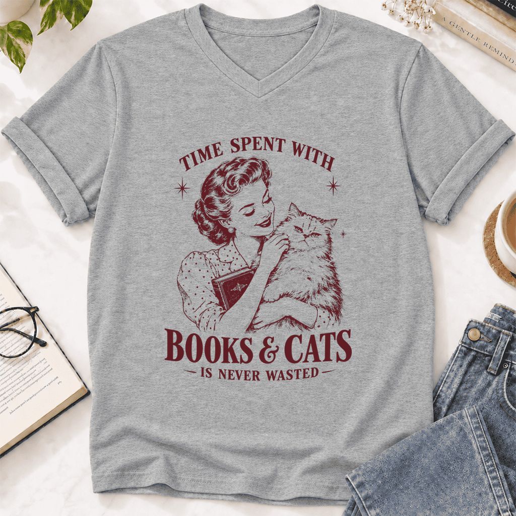 Time Spent With Books & Cats Ultra-Soft V-Neck | Cat Lover Reader Gift Athletic Heather