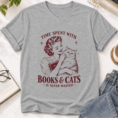 Time Spent With Books & Cats Ultra-Soft V-Neck | Cat Lover Reader Gift Athletic Heather