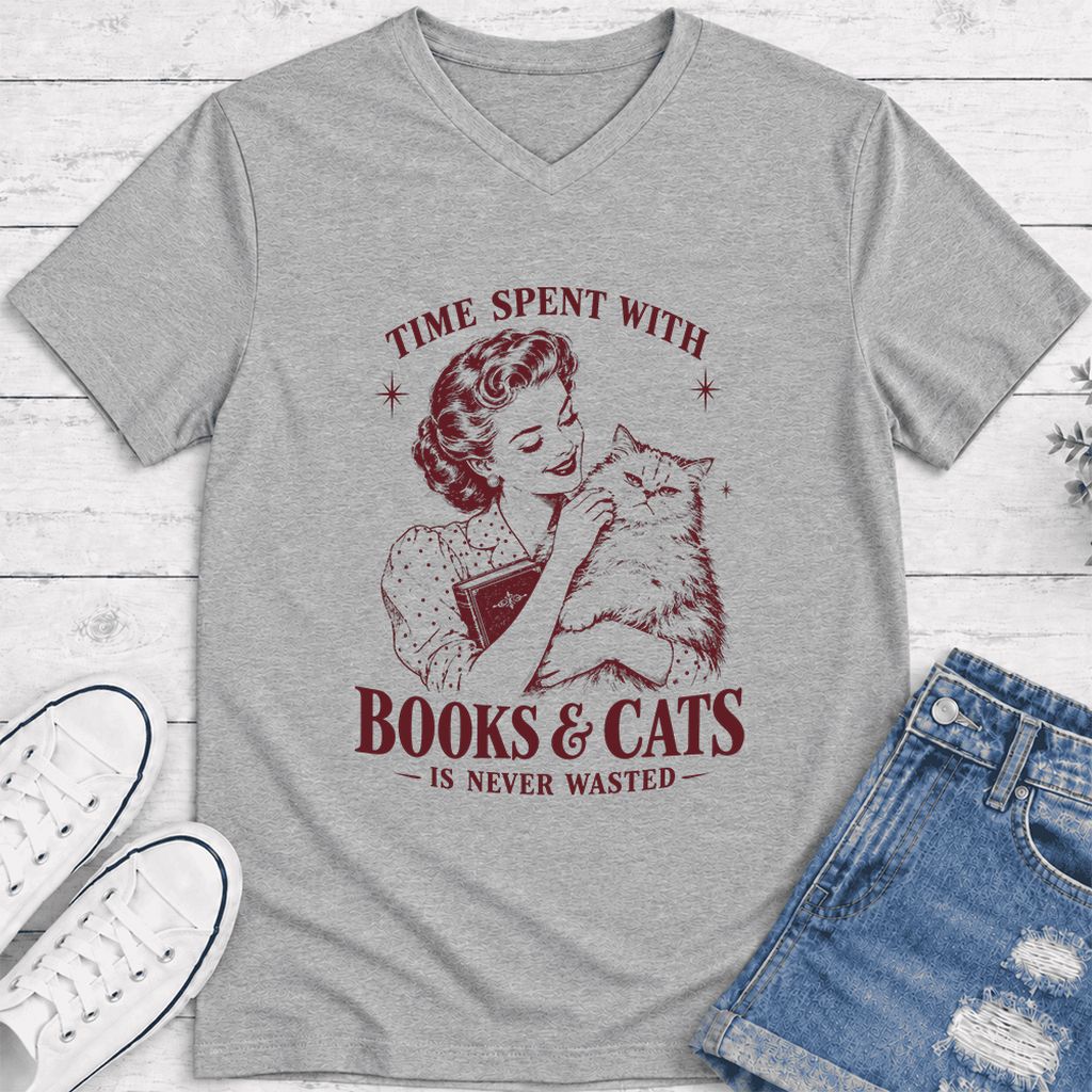Time Spent With Books & Cats Ultra-Soft V-Neck | Cat Lover Reader Gift Athletic Heather