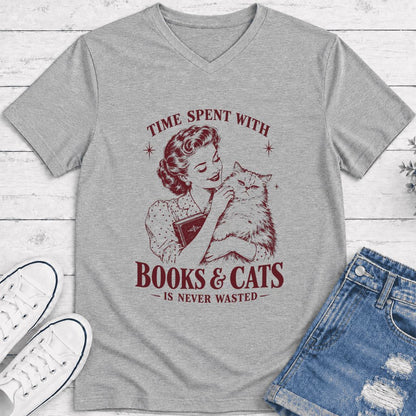 Time Spent With Books & Cats Ultra-Soft V-Neck | Cat Lover Reader Gift Athletic Heather