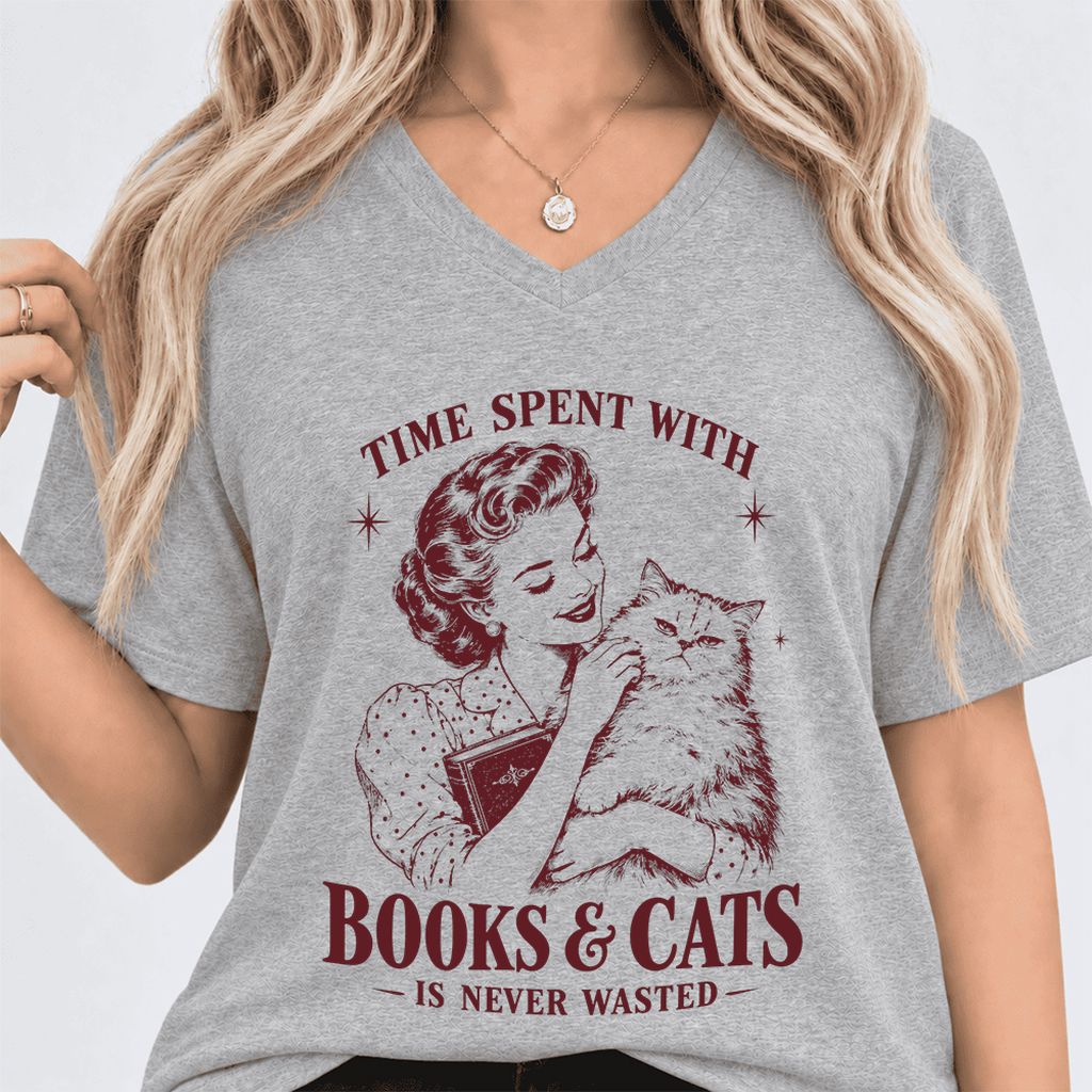 Time Spent With Books & Cats Ultra-Soft V-Neck | Cat Lover Reader Gift Athletic Heather